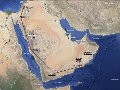 Map showing Oman, Salalah, and the Dhofar region where Hojari frankincense is harvested